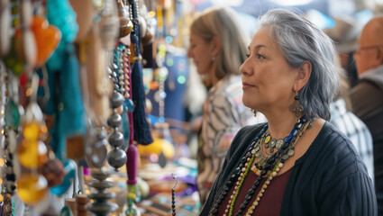 Attendees exploring vibrant booths filled with unique, handcrafted jewelry and decor at an Artisan Exhibition - obrazy, fototapety, plakaty