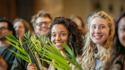 Smiling people with palm branches at the Church for Palm Sunday - obrazy, fototapety, plakaty