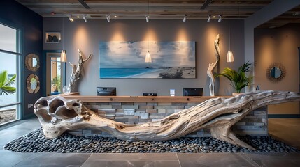 Coastal retreat inspired reception front desk design with driftwood sculpture and beach pebble flooring - obrazy, fototapety, plakaty