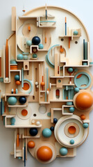 Abstract Wooden 3D Sculpture with Geometric Shapes


