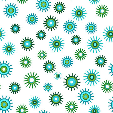 Many small green flowers on white background. Seamless pattern with daisies. Flower with many petals. Design in retro style for girls. Vector illustration for paper, textile, cards.