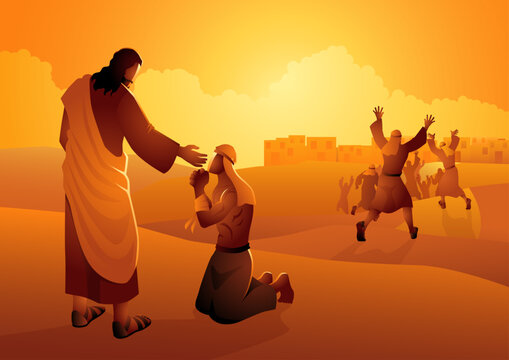 Biblical vector illustration series, Jesus heals ten lepers, only one returns to thank Jesus