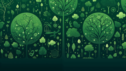 Poster featuring trees and environmental icons. Generative AI