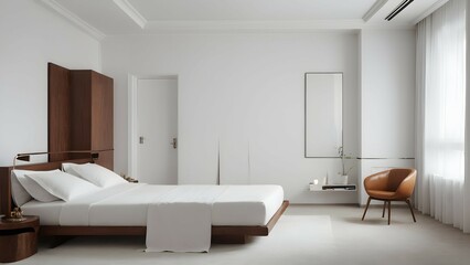 Naklejka na ściany i meble Step into a hotel room in the USSR, where minimalism reigns supreme and the color white dominates the space.