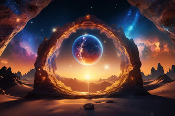 Immersive 16K display, otherworldly visuals of a celestial spectacle, capturing the sun, moon, and stars in a cosmic battle, casting enchanting shadows and highlights across the ever-changing landscap
