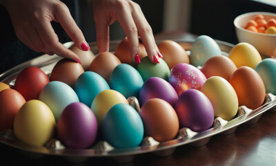 Female hands holding colorfully decorated Easter eggs. Natural and patterned eggs placed on the front. Woman placing a painted Easter egg back in the carton with eggs dyed red, yellow, green and blue - Powered by Adobe