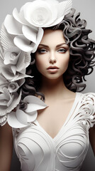 Elegant Woman with Artistic White Floral Headpiece

