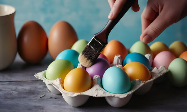 Hand holds brush and paints egg. A process of painting an Easter colorful egg with dye. Paint brush in woman's hand on workplace background. Tradition and people concept. Spring season, April holiday