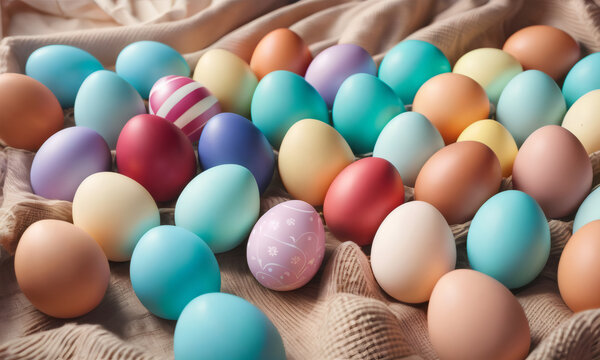Group of colorful easter eggs laid on blanket. Multi colored easter eggs against bright wool blanket background. Concept of family traditions, Pascha, Resurrection Sunday, Christian cultural holiday
