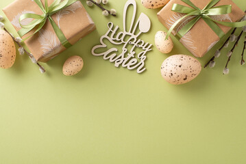 Country-style tableau suggestion. Top view of natural fiber gift boxes, Happy Easter inscription,...