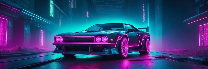 Shiny futuristic sports car on a blurred cyberpunk city street background with bright neon lights. Bokeh effect. Future concept. - obrazy, fototapety, plakaty