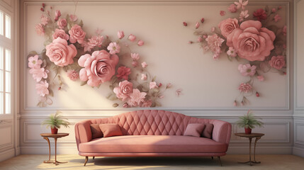 Vintage living room with pink couch and floral wall decor. Generative AI