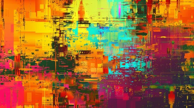Digital glitch art, abstract patterns, vibrant neon colors, futuristic and edgy, high resolution, tech-inspired background