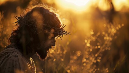 Naklejka premium jesus wears gold crown on his head while he gazes at the sunset Generative AI