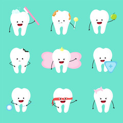 Vector illustration set dental care with dental medicine cute teeth