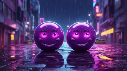 purple 3d funny two emoji in cyberpunk city
