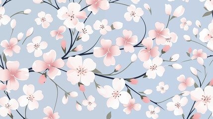 Fototapeta premium Delicate white and pink flowers bloom on a soft, dainty wallpaper background. The floral pattern adds a touch of elegance to any space. Generated with AI.