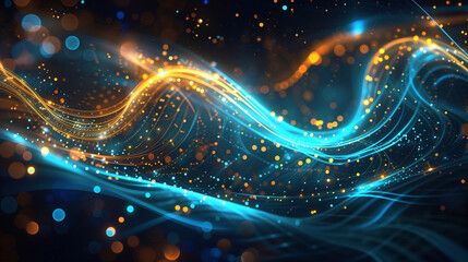 Digital wave background in blue and golden colors. A wave of small bright blue energy particles.