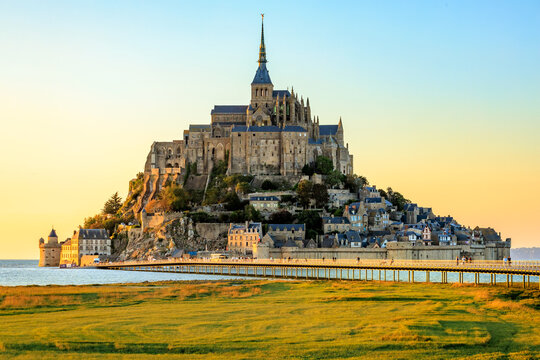 Mont-Saint-Michel at sunset in Normandy, France