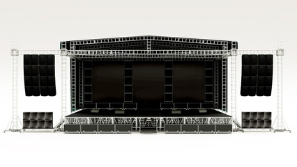 Stage for a rock concert, with metal structures and instruments, 3d rendering