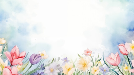 Vibrant painting of flowers against sky background with copy space. Generated with AI.