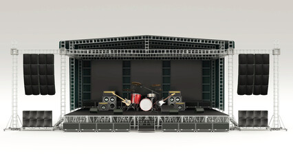 Stage for a rock concert, with metal structures and instruments, 3d rendering - 740976433