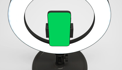 Ring lamp with mobile phone holder for making social videos, mockup for inserting personalized image, isolated, 3d rendering