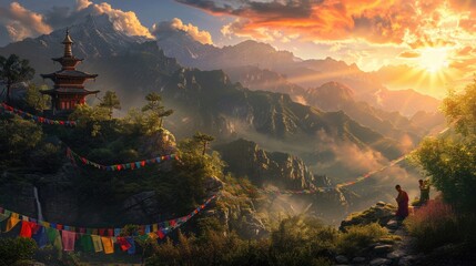Sunrise illuminates a Himalayan temple and vibrant prayer flags, with the majestic snow-capped mountains creating a breathtaking backdrop. A tranquil monastery high in the mountains. Resplendent. - obrazy, fototapety, plakaty