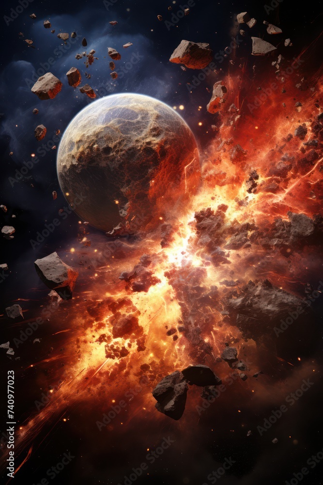 Poster dramatic view of a collision between two planets. space image capturing the grandeur of a cosmic col