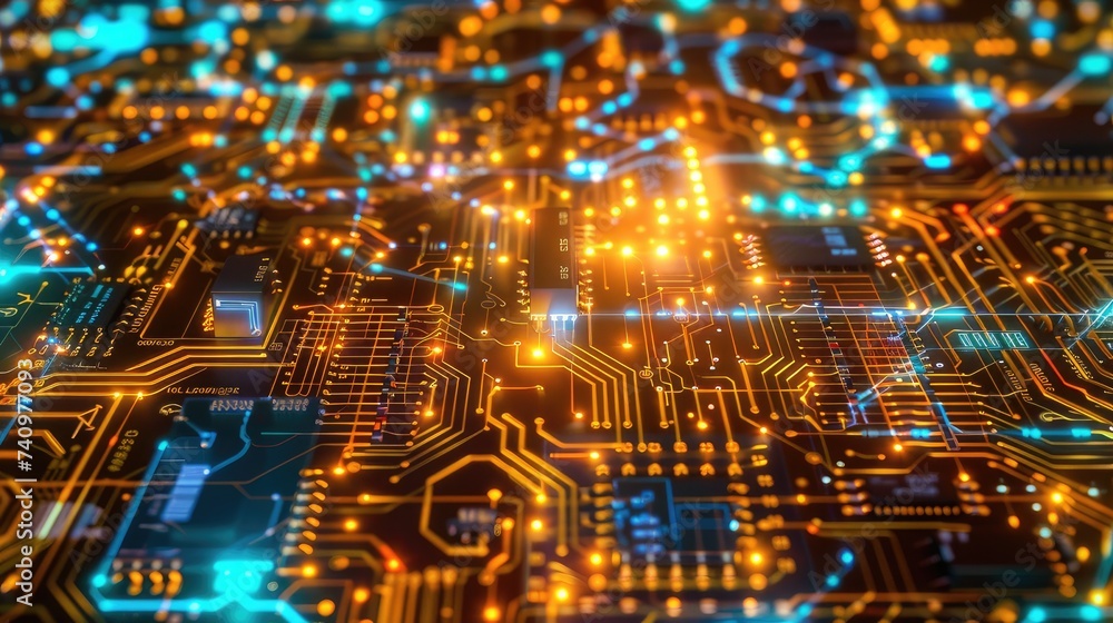 Poster a mesmerizing visual of a circuit board, microchips, and digital lines representing the evolution of