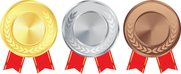 Winner Gold Medal First to third, First, Second, third, Silver medal, Bronze Medal, With Red Ribbon, Competition Medal, Trophy for champions