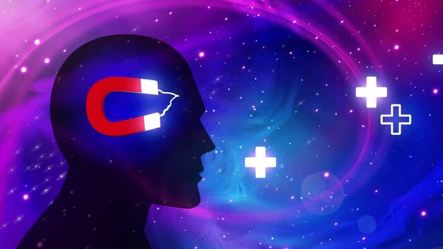 Motion graphic of human head with a magnet inside, attracting positive symbols against a galaxy backdrop. Positive mind and law of attraction concept