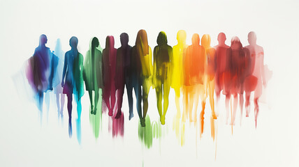 watercolor design of standing people silhouettes filled with a spectrum of multicolored stripes against a white background. - obrazy, fototapety, plakaty