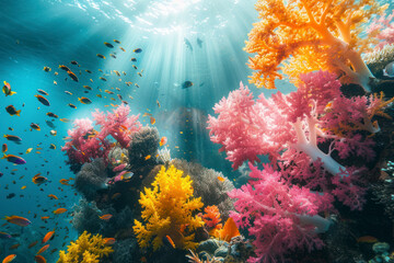 Fototapeta na wymiar Vibrant coral reefs dance beneath turquoise waters, a marine wonderlands.