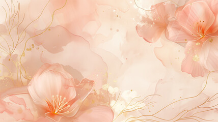 A minimalist vector background, where golden line art of botanical elements and abstract flowers unfold against a backdrop of soft watercolor gradients.