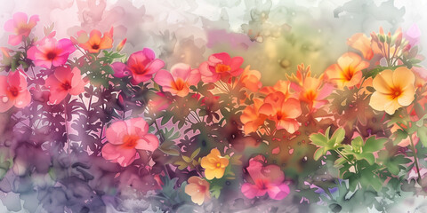 A serene watercolor painting of summer flowers, with a harmonious blend of cool and warm tones, creating a tranquil garden scene on high-quality watercolor paper.
