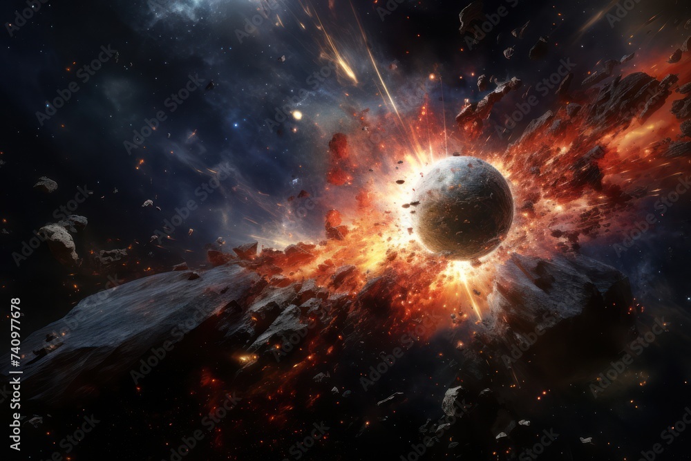 Poster dramatic view of a collision between two planets. space image capturing the grandeur of a cosmic col