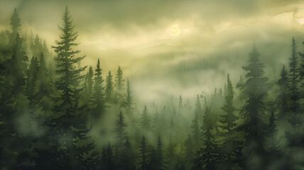 A watercolor depiction of a foggy forest at dusk, with green pines shrouded in mist.