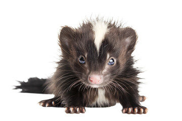 Adorable Skunk Kit with Striking Black and White Fur Lying on White Transparent Background
