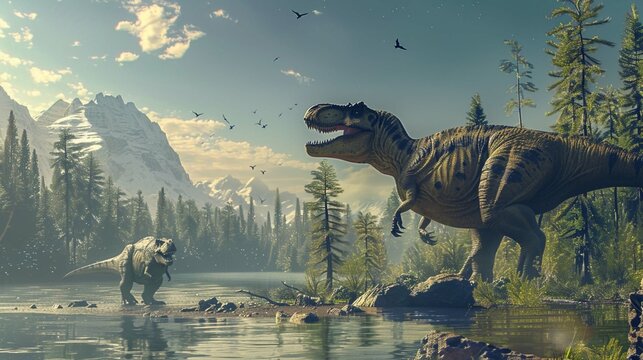 In a digital painting style. A tyrannosaurus taking care of its young by a river