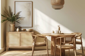 Interior design of dining room with round table, rattan chair, wooden commode, poster and kitchen accessories. Beige wall with mock up poster. Home decor. Template.