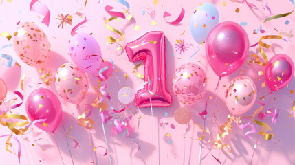 Balloons and decor. The child's birthday is 1 year old. - obrazy, fototapety, plakaty