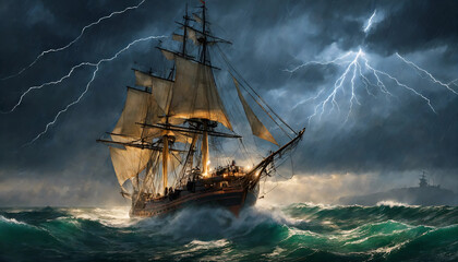 Fototapeta premium Ship in storm Battling mighty waves, navigating through chaos