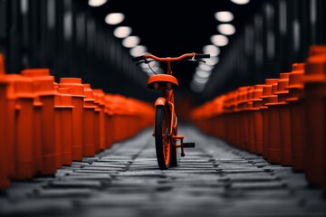 An orange bike stands alone amidst a monochrome bridge setting