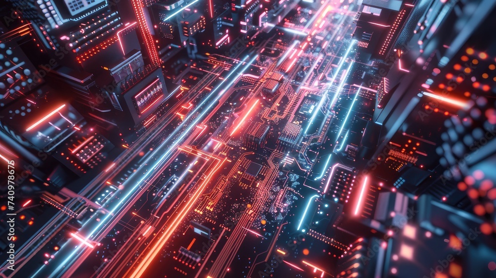 Poster a mesmerizing visual of a circuit board, microchips, and digital lines representing the evolution of