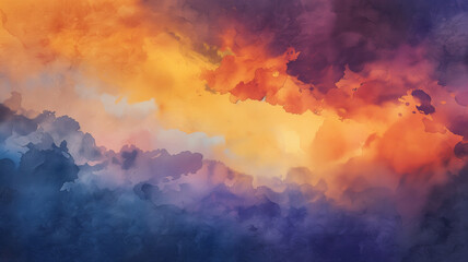 A watercolor canvas portraying an abstract sunset sky, where washes of orange and purple intermingle, creating a vibrant yet soothing backdrop. - obrazy, fototapety, plakaty