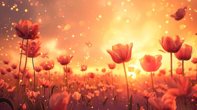 The image captures a breathtaking scene of a sunset, where the sky is aglow with warm shades of orange and yellow, casting a golden hue over the vast field of vibrant red tulips. The soft light from t