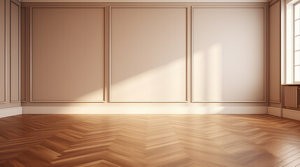 Fototapeta premium Fragment of an interior made of classic beige panels. Beige wall background in an empty room with brown parquet floor. 
