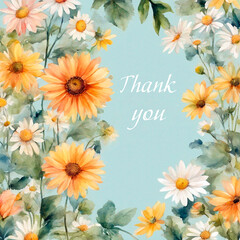 Greeting card with exquisite flowers of white and yellow daisies and the inscription thank you