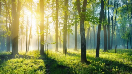 Fototapeta na wymiar Beautiful nature at morning in the misty spring forest with sun
